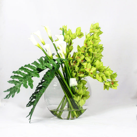Lunar Vase with Green Cymbidiums and Callas